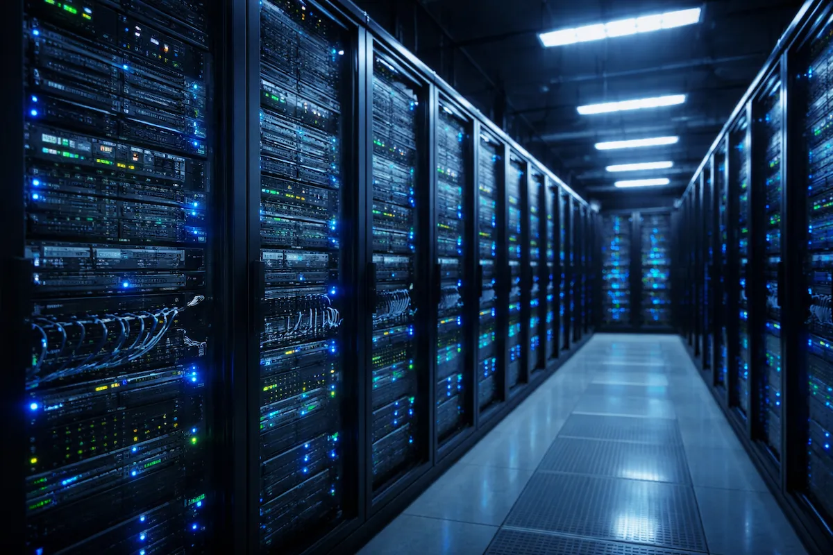 A realistic photo of a secure server room with blue lights, representing the "backend" of the digital financial system.