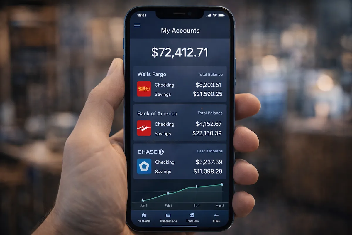 A realistic photo of a smartphone screen displaying a banking app dashboard that aggregates accounts from three different institutions into one view.